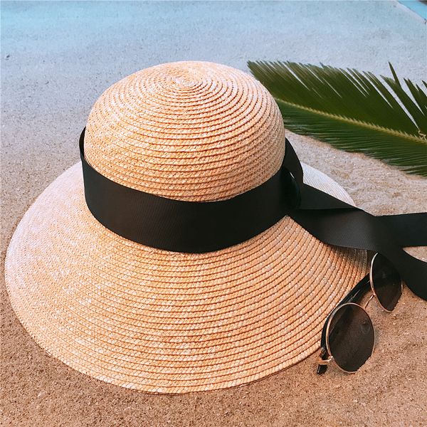 

100% wheat straw summer women beach bucket hat for elegant lady queen wide brim dome round sunhat dropshipping, Blue;gray