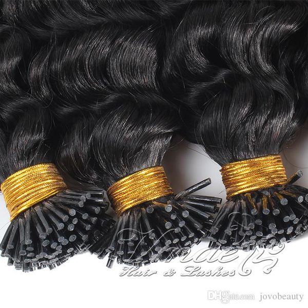 

indian virgin human hair 100g 10 to 30 inch double drawn keratin pre bonded stick i tip deep wave hair extensions, Black