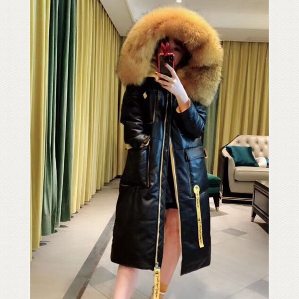 

women genuine leather coats big fox fur collar 2018 fashion autunm winter lady hooded windbreaker sheepskin jackets black