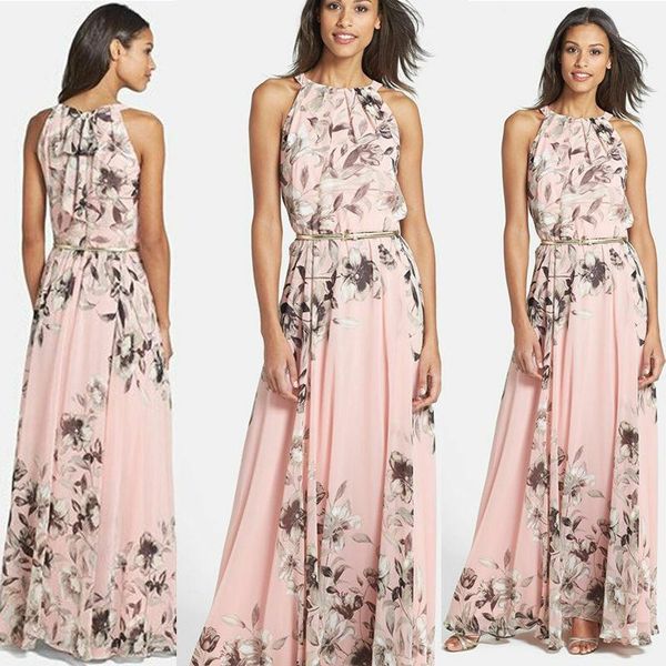 

sleeveless chiffon casual beach long maxi dress party dress fashion floral print halter dresses women, Black;gray
