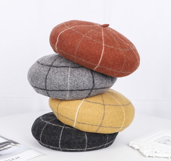 

korean version woollen stripe beret female autumn winter joker pumpkin hat british painter hat artistic check bud hat, Blue;gray