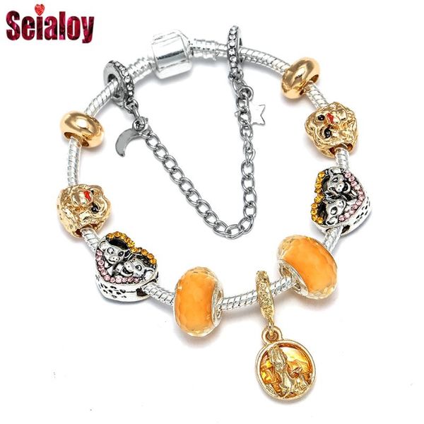 

seialoy golden animal the lion king pendant shiny simba and nala heart charm bracelets for boys original cartoon children bangle, Golden;silver