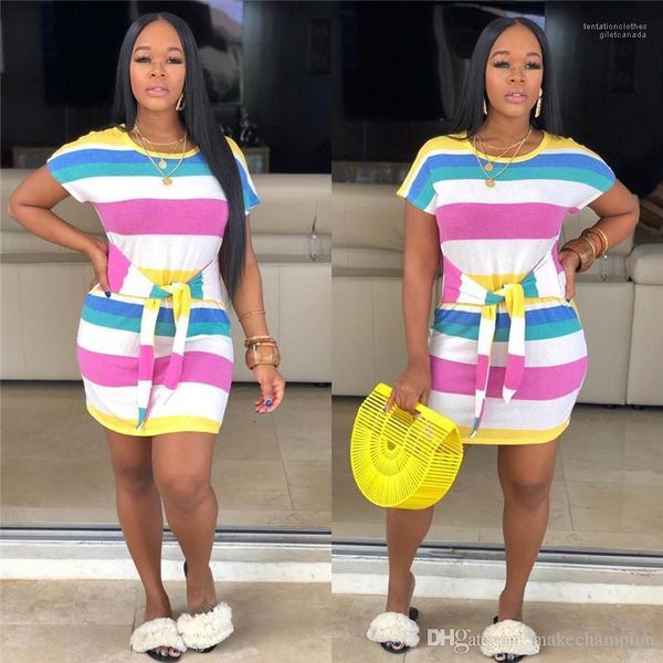 

lovely o neck cotton womens dresses short sleeve summer casual womens clothing new arrival rainbow printed designer womens dresses sashes, Black;gray