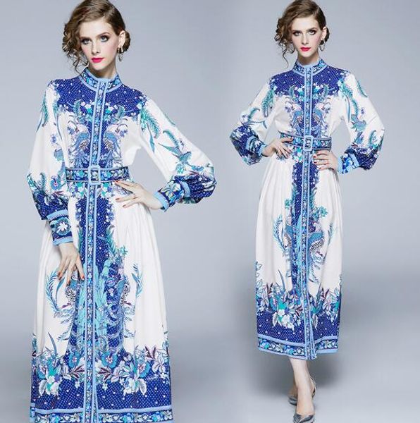 

new stand collar long sleeve retro national style printed dress, Black;gray