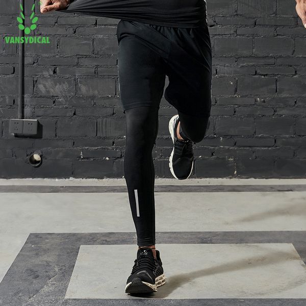 

vansydical mens running compression tights pants stretchy fitness gym workout leggings tights outdoor reflective sports trousers, Black;blue