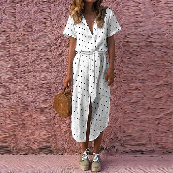 

2018 fashion summer dress female womens casual daily bow tie v neck dot button short sleeve soild long dress robe vestidos, Black;gray