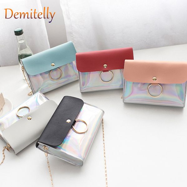 

fashion laser chain small square bag wild hit color rainbow fabric shoulder messenger bag exquisite ring portable women's