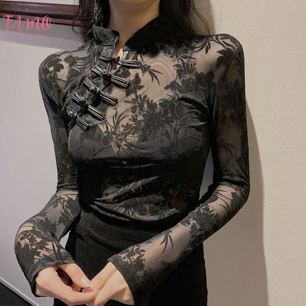 

girls transparent lace blouses shirts tees female chinese style turtleneck vintage full sleeve black blouses for women, White