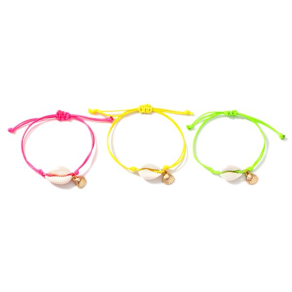 

3pcs braided leather yellow&green&pink bracelet for women natural shell&clam shell charm multilayer bracelets & bangles, Golden;silver
