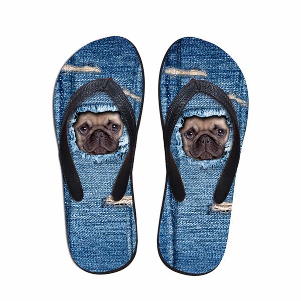 

customized casual women flip flops cute denim pug dog cat pattern summer beach slippers for ladies female rubber flats sandals, Black