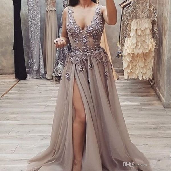 

deep v neck prom dresses with beads lace appliques a line side split formal dresses evening wear tulle cocktail dress robes de soiree, Black;red