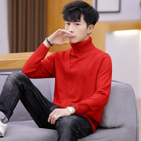 

autumn and winter 2019 high neck sweater men's korean fashion fake two knitted cool bottoming sweater, White;black