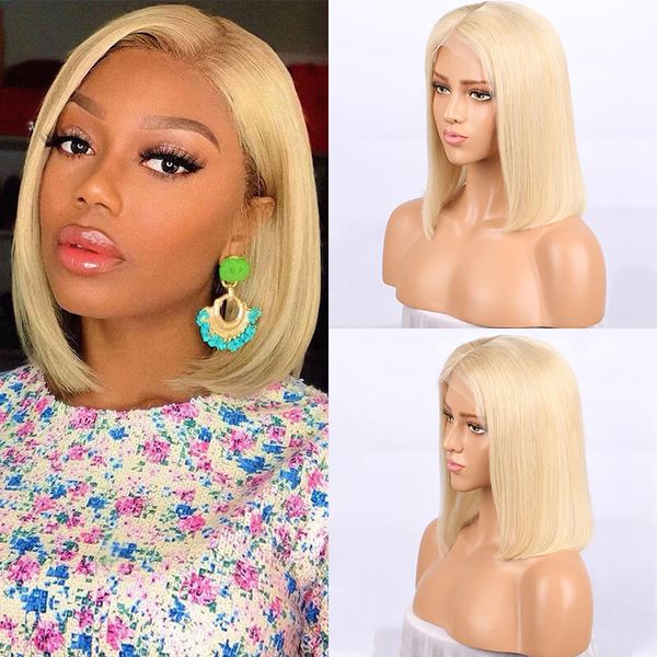 

613 blonde short bob lace front human hair wigs soft pre plucked brazilian straight full lace wigs for black women with baby hair, Black;brown