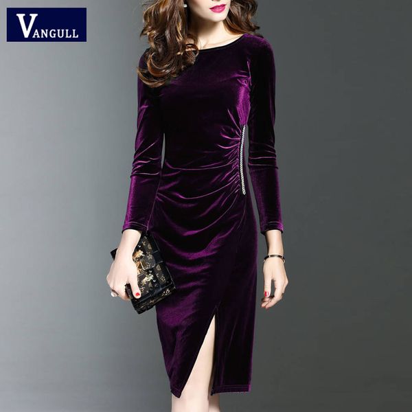 

vangull women velvet dress solid elegant female slit hemline ruched dress 2019 new autumn winter long dresses women clothing, Black;gray
