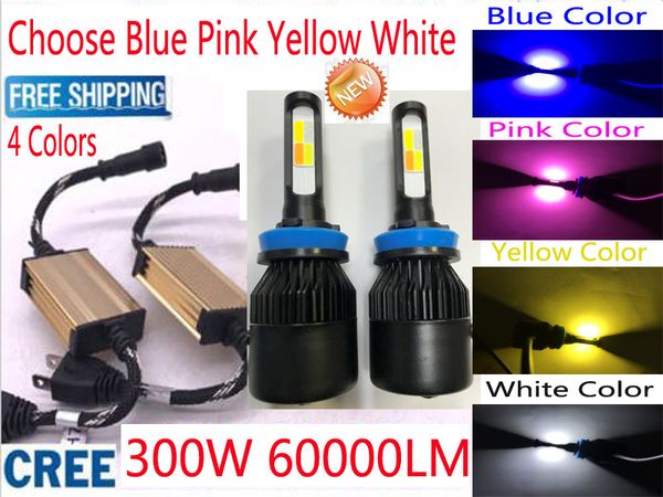 

new 4 colors h7 h4 h11 cree led headlight kit 300w 60000lm bulb blue yellow pink