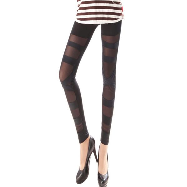 

women funky ripped bandage elastic stretch mock leggings pants, Black