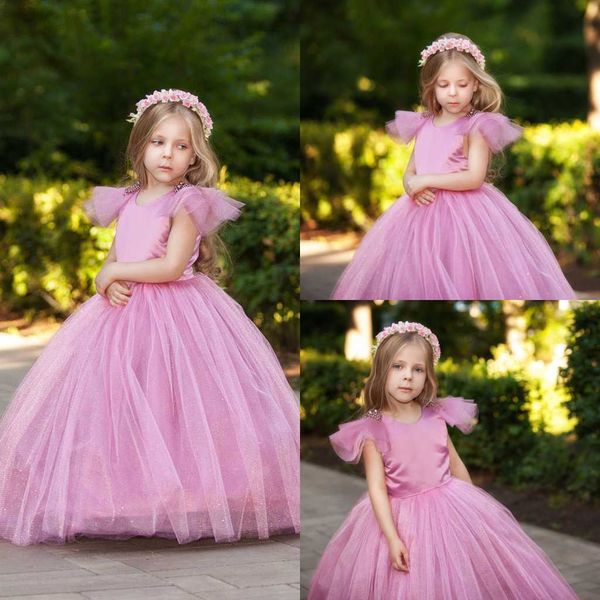 

pink flower girls dresses beaded jewel neck first holy communion dress tulle ball gowns kids formal wear, White;blue
