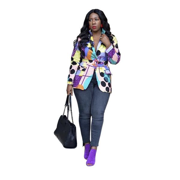 

women autumn streetwear printed blazers elegant single breasted lady outwear slim with sashes coat, White;black