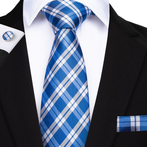 

hi-tie mens tie 100% silk plaid fashion jacquard woven tie hanky cufflinks set for mens formal wedding business party n-7129, Black;blue
