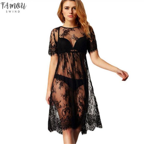 

women summer dress beachwear perspective lace halter short sleeve knee-length dress crochet bikini summer swimsuit cover up, Black;gray