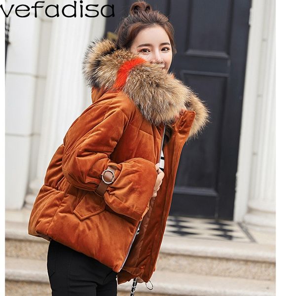 

vefadisa large fur collar hooded parkas winter solid corduroy parkas woman belt flare long sleeve bf bread coat loose zld343, Black