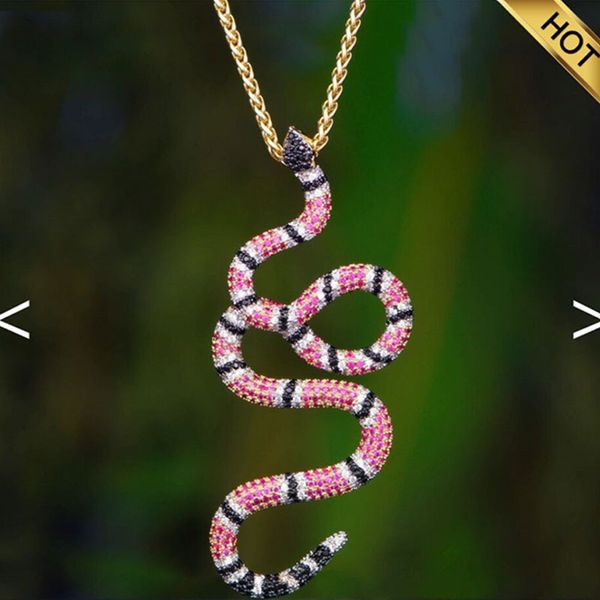 Collana con pendente a serpente attorcigliato in oro 14 carati Ciondolo con ciondolo a forma di cz Bling Mens Hip Hop Micro pavimenta con zirconi cubici Diamanti simulati