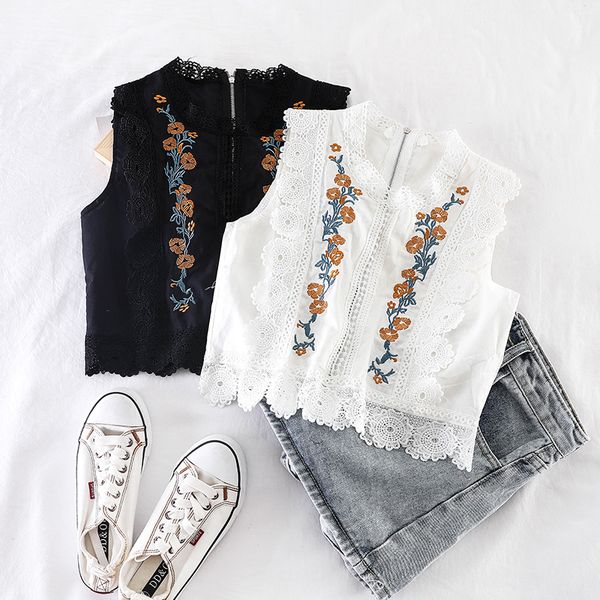 

2019 new fashion women's vest temperament lace crochet flower fresh zipper sleeveless vest tide j184, White