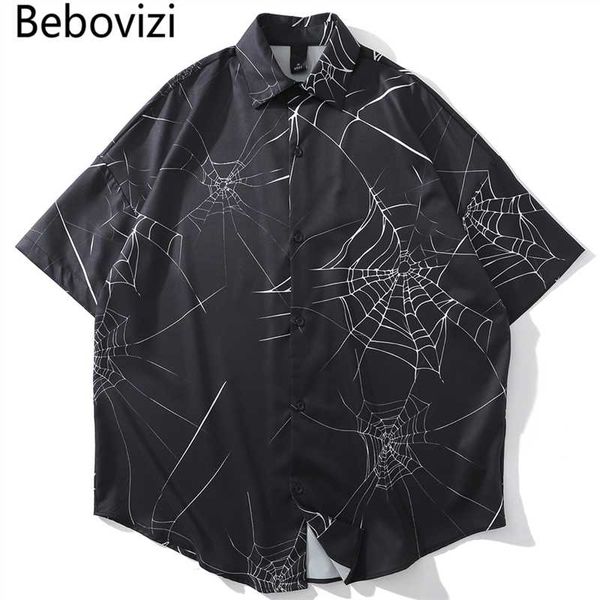 

bebovizi new designer spider web print short sleeve hawaiian shirt summer men casual hip hop streetwear oversized black shirt, White;black