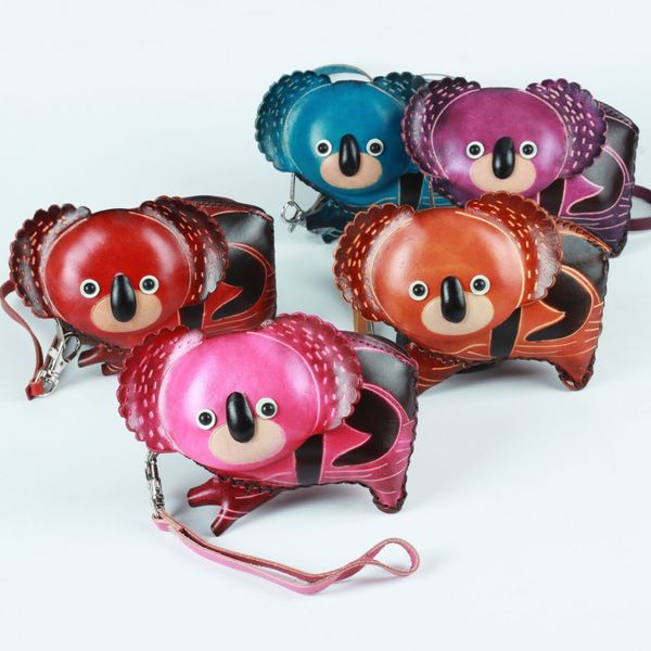 

vegetable tanned leathe fashion cartoon cute koala shape coin purse beautiful girl zipper money wallets, Red;black