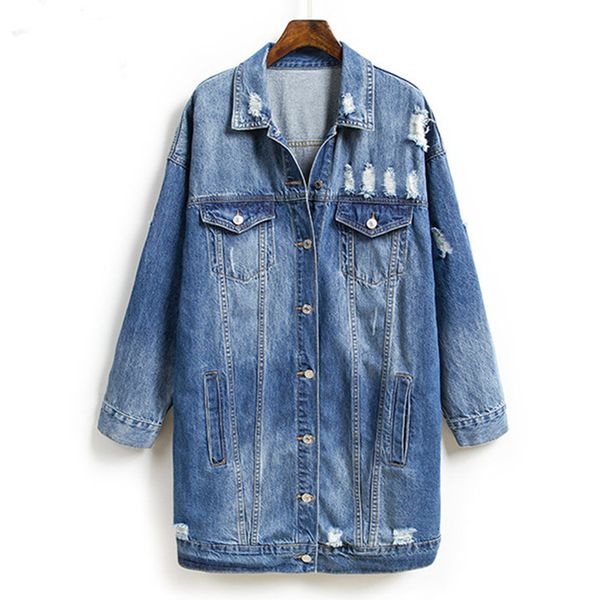 

long cotton women denim jacket blue ripped holes autumn spring casual vintage outwear ladies female jeans coat windbreaker, Black;brown