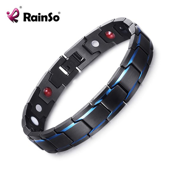 

rainso magnetic therapy charm bracelets for men 4 in 1 health care elements jewelry stainless steel black blue bracelet homme, Golden;silver