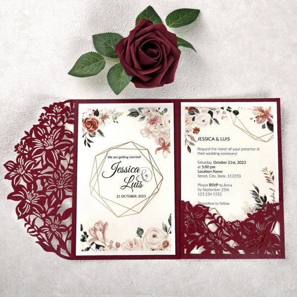 

100pcs burgundy color wedding invitations floral laser cut invitations custom invitation cards