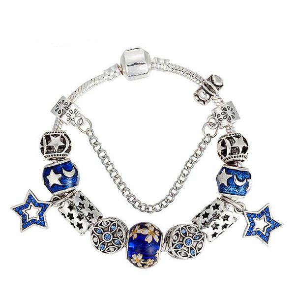 

мода новый бренд 2019 luxury для pandora браслет diy синие цветы цветные глазури бусы пентаграмма подвеска для браслета женщин, Black