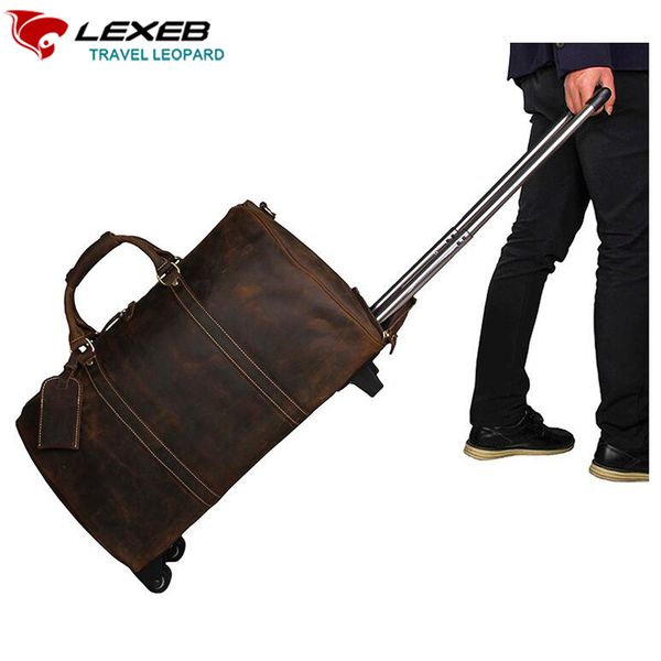 

lexeb trolley luggage travel bags genuine leather suitcase on wheels road 20 inch business classic brown koffer