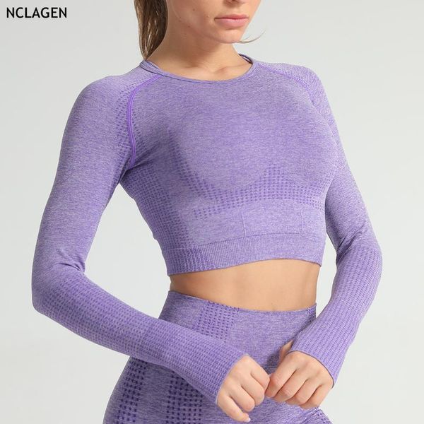 

nclagen jacquard seamless long sleeve gradual change yoga shirt woman stretchy gym high elastic sport running fitness top, White;red