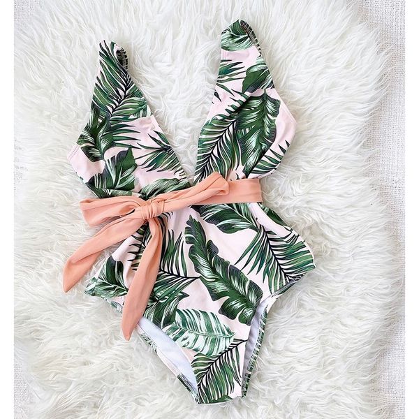

2019 new design one piece swimsuit for women ruffle floral print swimwear deep v bathing suit femme bain monokini beach, White;black