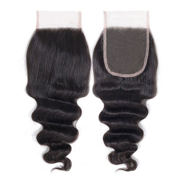 

unprocessed virgin human hair closures natural color brazilian loose deep wave lace closure 4x4 130% density middle three part closures, Black;brown