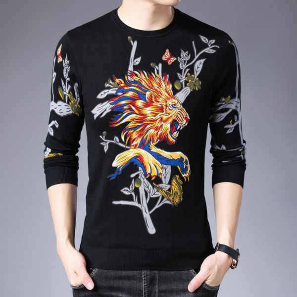 

men round neck slim fit pull homme sueter para hombre party outfit animal and plant printed sweater erkek kazak knitted sweater, White;black