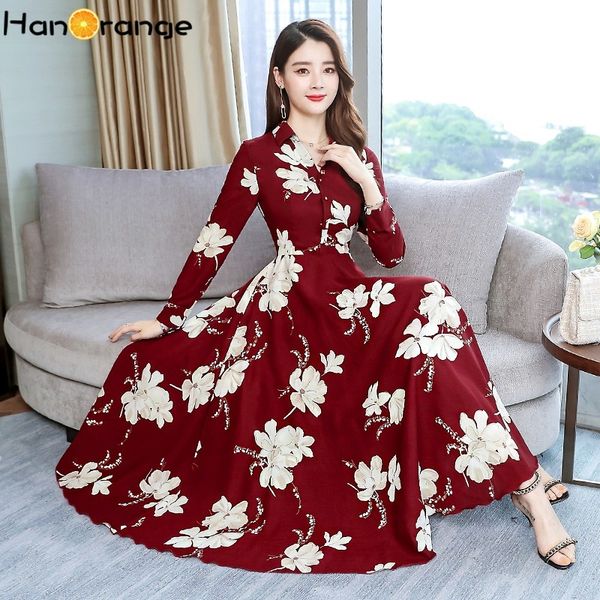 

2019 autumn spring lady printing long sleeve floral print big ruffle chiffon dress plus size, Black;gray