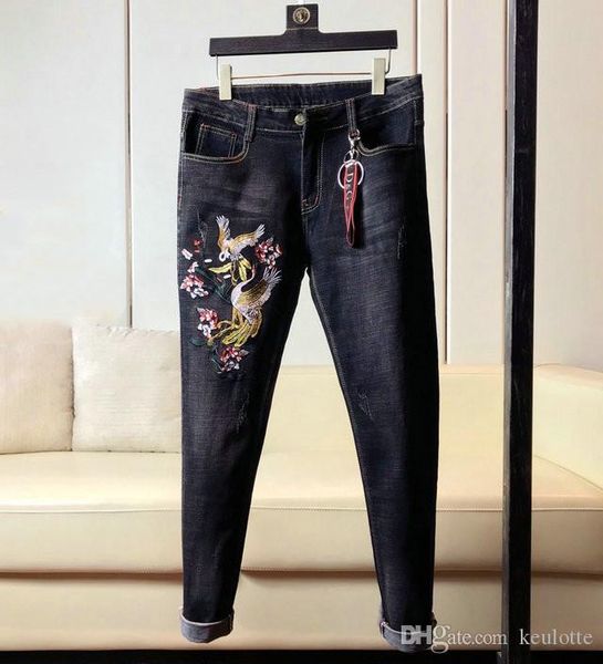 

модные модные мужские дизайнерские джинсы мужские тонкие колготки шить порванное отверстие синие джинсы ноги карандаш мужские брюки, Blue
