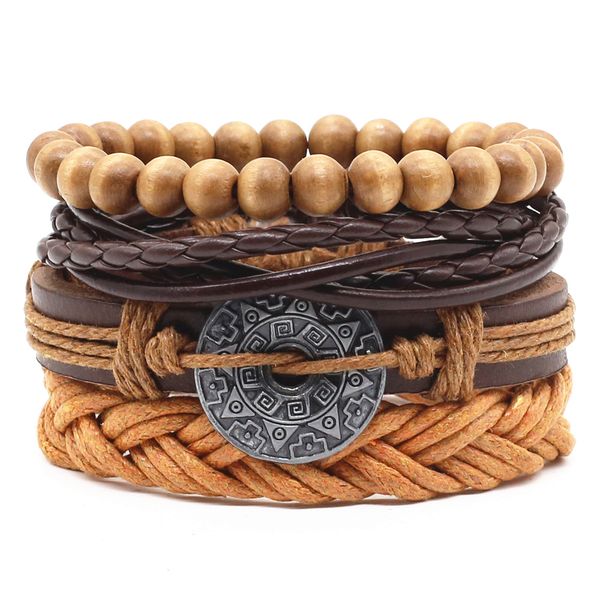 

new casual weave multilayer fish skull words leaf charm men black brown leather bracelets female women homme jewelry 4 pcs/set, Golden;silver