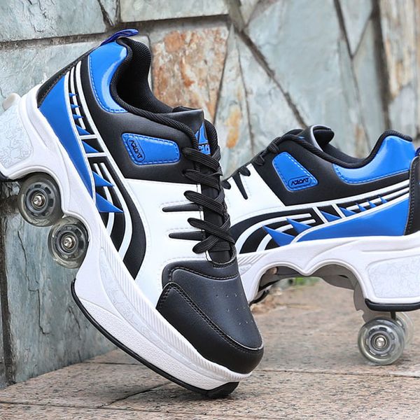

new fashion multifunction men women flat entertainment shoes with two wheels creative footwear square sport chaussure homme t200323, Black