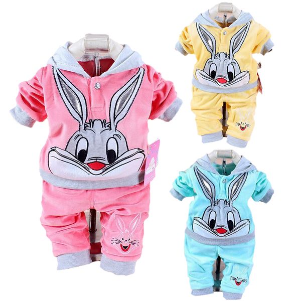 

new baby girls clothing set cartoon velvet rabbit embroidery long sleeve hoodie + pants 2pc suit baby kids clothing sets, White