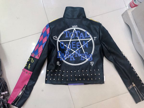 

purple rose color faux leather jacket women springturn-down collar punk rock rivets r jackets ladies outwear coats, Black
