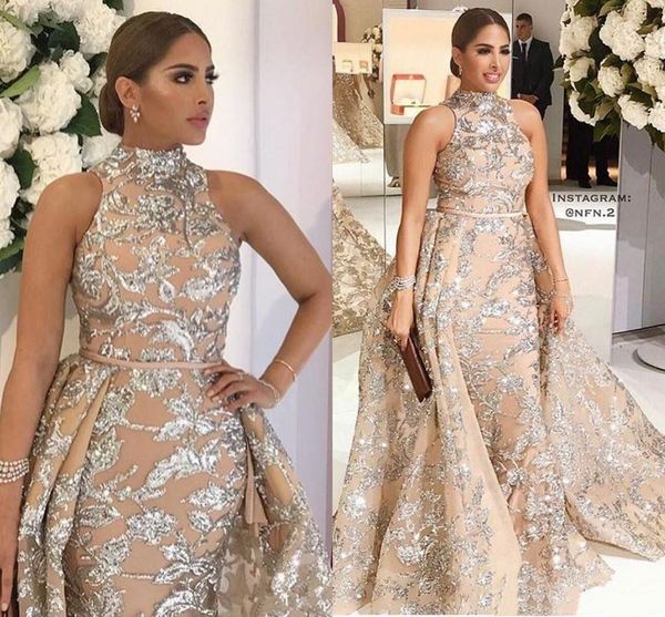 

yousef aljasmi 2019 high neck prom dresses with detachable train modest luxury shiny lace applique plus size evening pageant wear gowns, Black;red