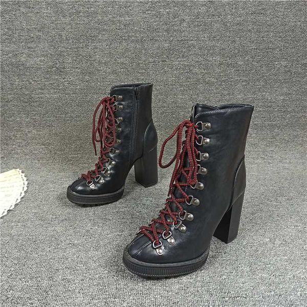 

lace up lady boots punk shoes zipper booties woman 2019 high heels luxury designer round toe ladies crossdresser stiletto rock, Black