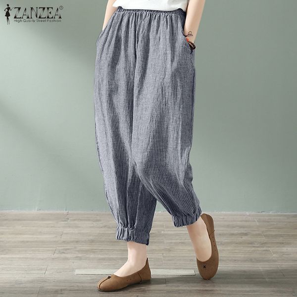 

2020 zanzea summer striped harem pants women casual trousers female palazzo turnip plus size vintage elastic waist long pantalon, Black;white