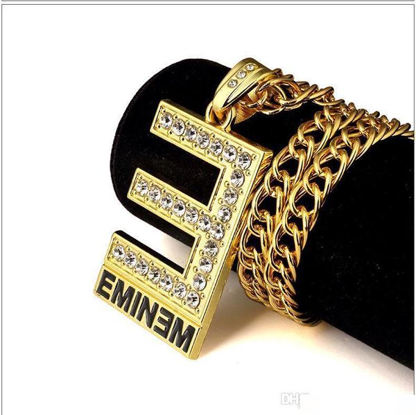 

hip hop rock 24k gold plated big e eminem letter char cz crystal filled crystal iced out pendant necklaces punk rapper necklace jewelry, Silver