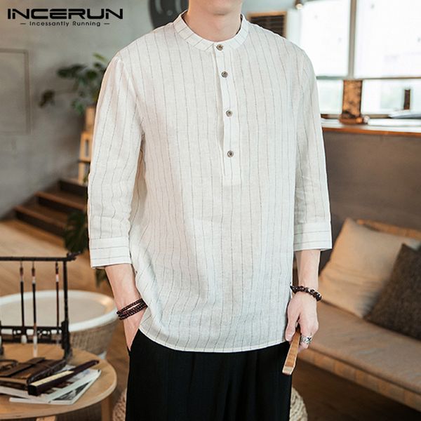 

incerun полосатой повседневная рубашка мужчина vintage 3/4 рукав кнопка stand up воротника tops камиз дышащего harajuku мужчина марк shirt 2, White;black