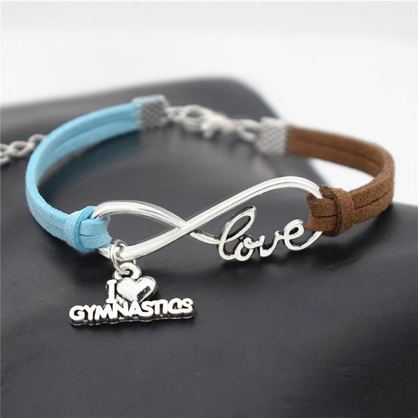 

new fashion infinity love gymnastics sports pendant jewelry blue brown leather suede rope cuff bracelets simple adjustable bangles women men, Golden;silver